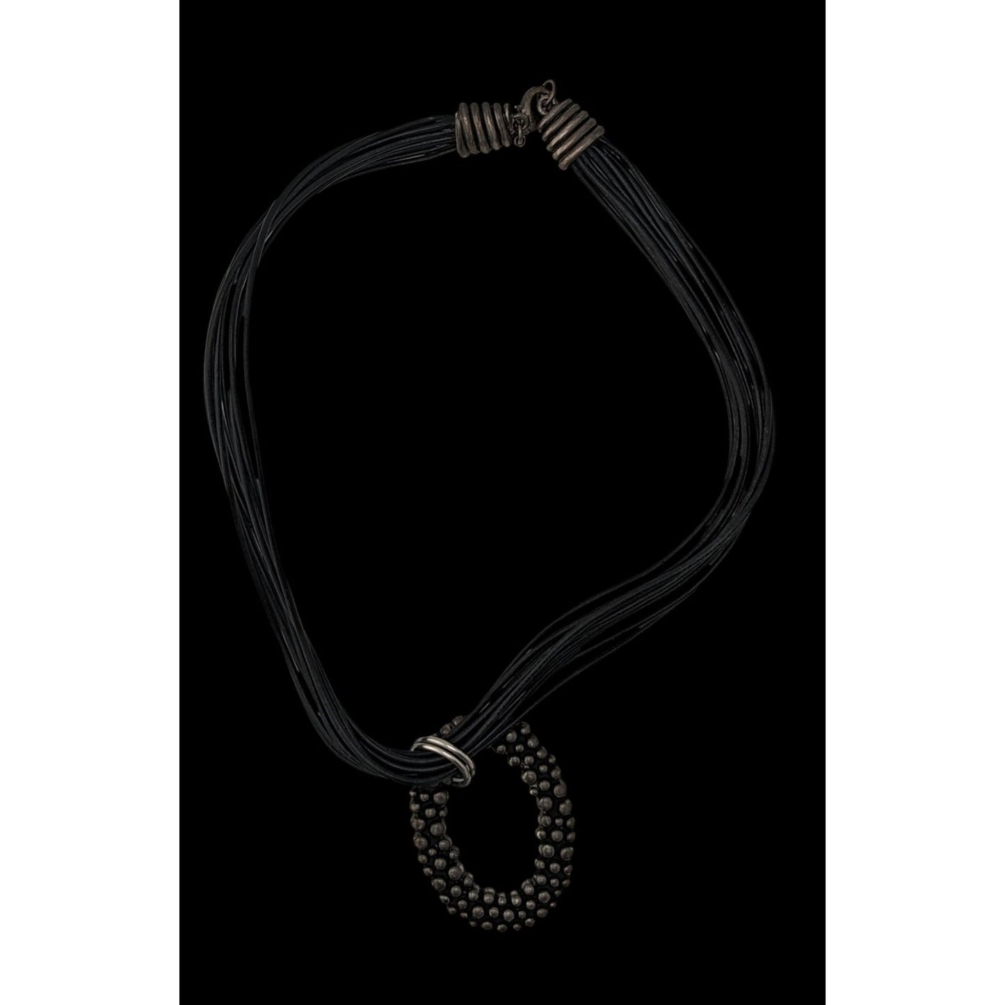 Bohemian Black Multi-Strand Necklace With Bubble Textured Oval Pendant