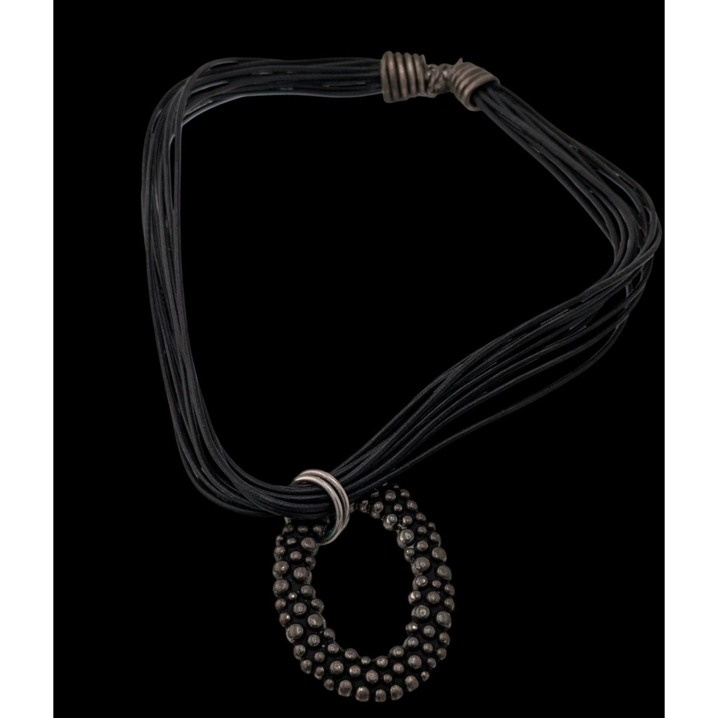 Bohemian Black Multi-Strand Necklace With Bubble Textured Oval Pendant