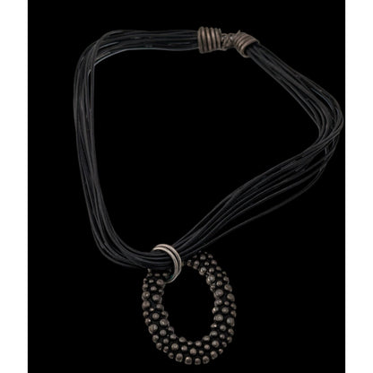 Bohemian Black Multi-Strand Necklace With Bubble Textured Oval Pendant
