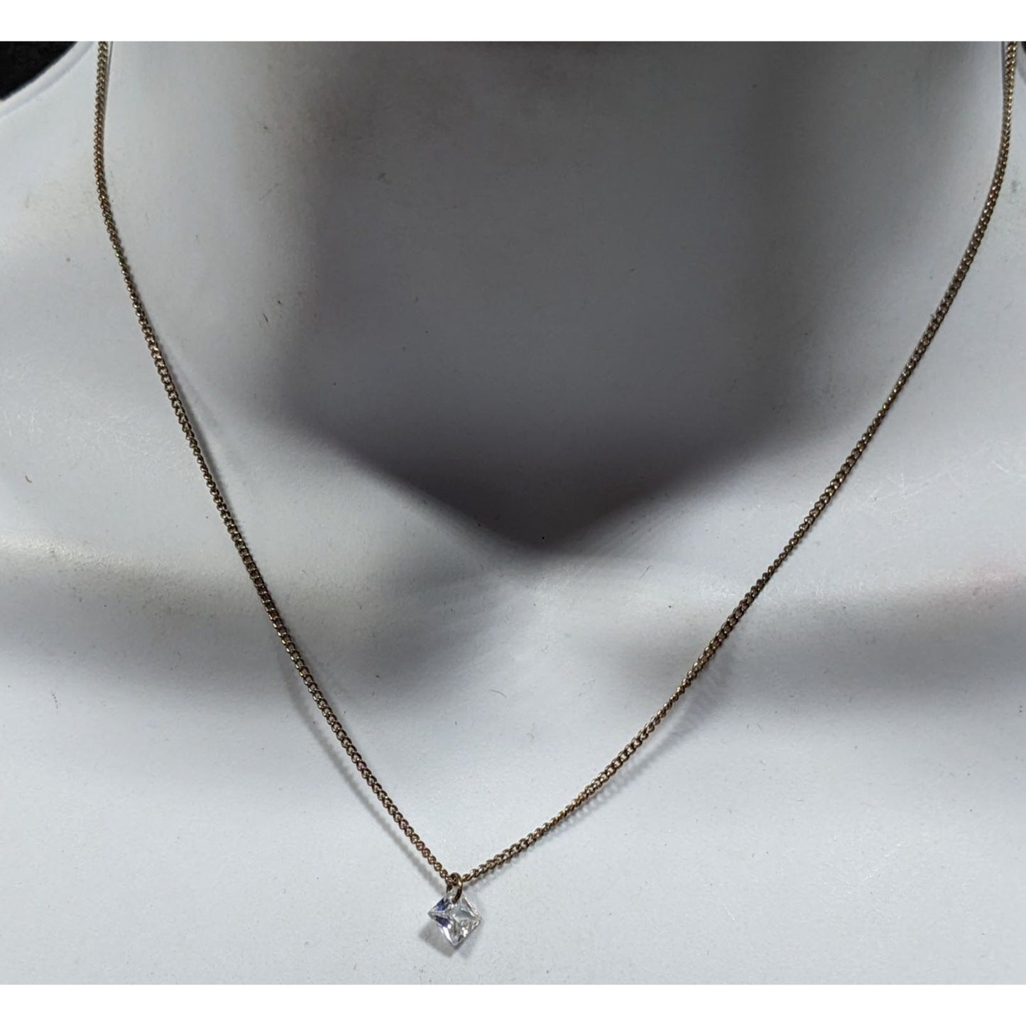 Minimalist Dainty Pyramid Shaped Cubic Zirconia Pendant On Gold Tone Chain