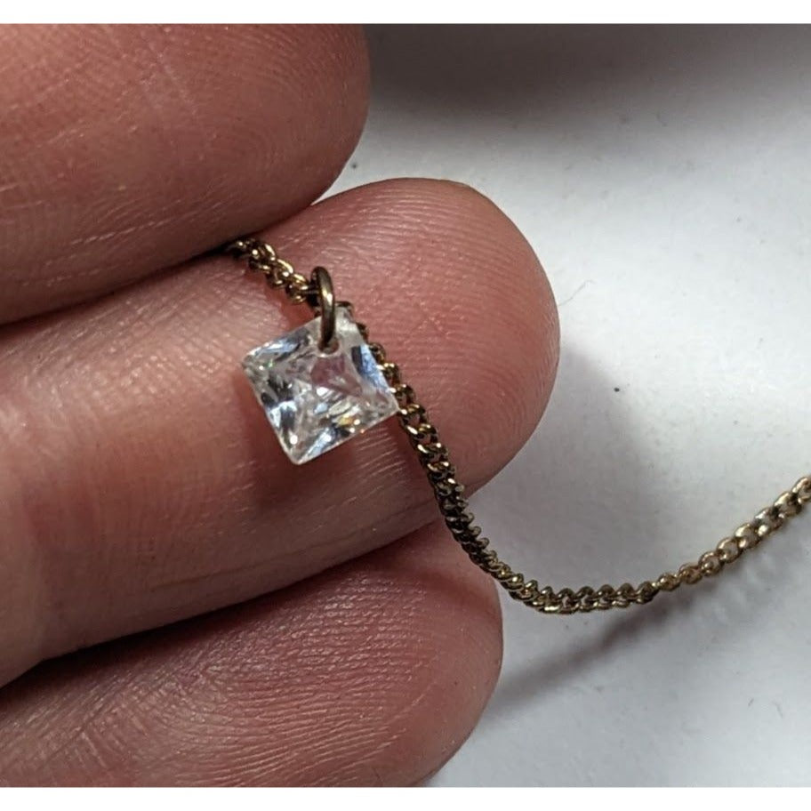 Minimalist Dainty Pyramid Shaped Cubic Zirconia Pendant On Gold Tone Chain