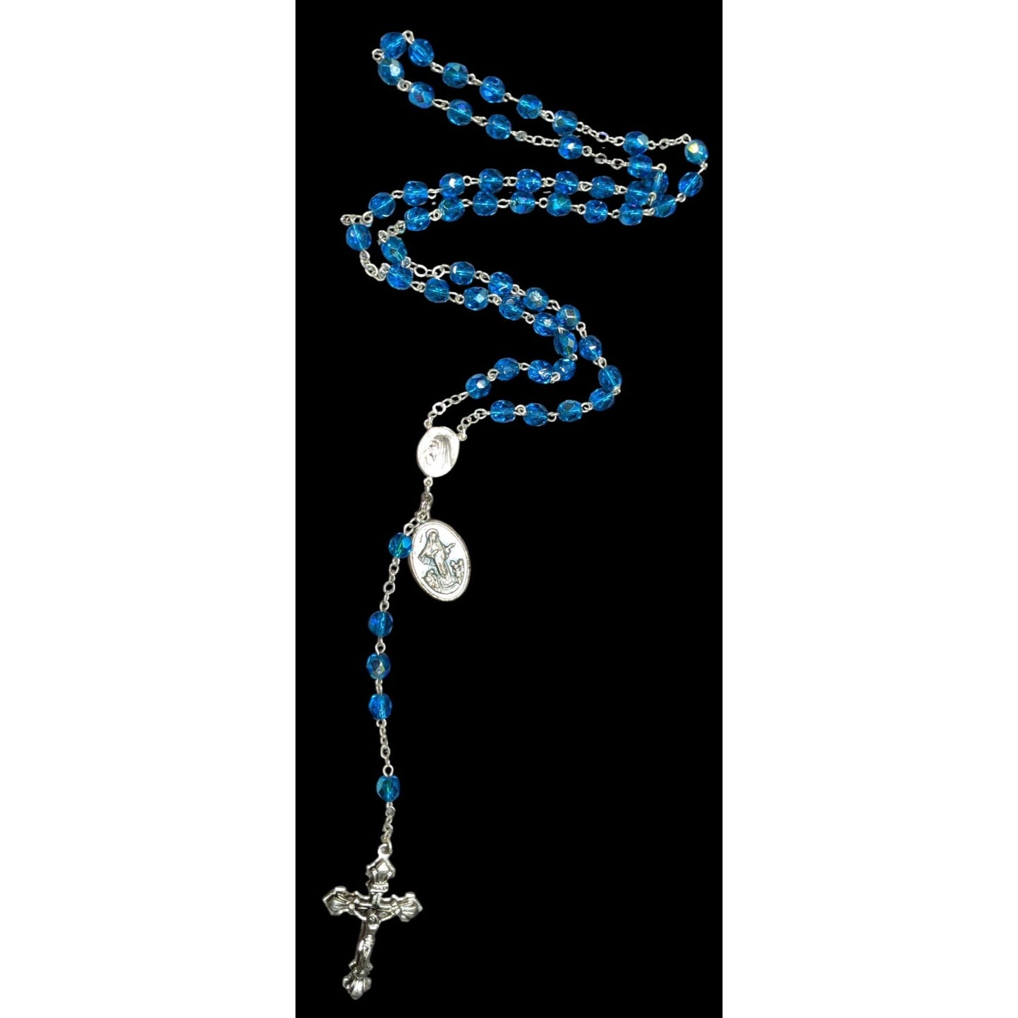 Catholic Blue Crystal Glass Beaded Rosary With Silver Crucifix & Virgin Mary Medals