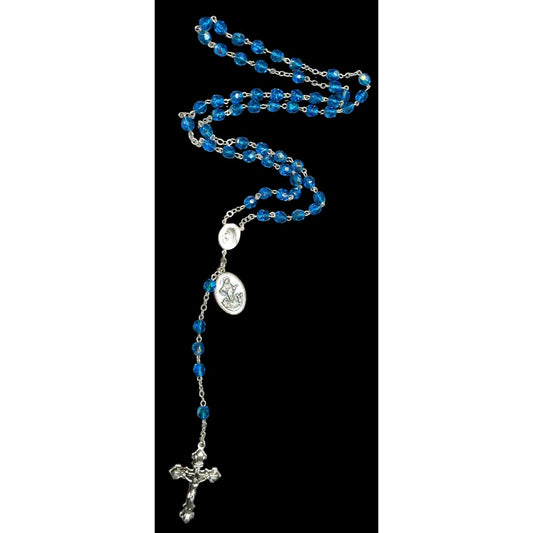 Catholic Blue Crystal Glass Beaded Rosary With Silver Crucifix & Virgin Mary Medals