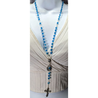 Catholic Blue Crystal Glass Beaded Rosary With Silver Crucifix & Virgin Mary Medals