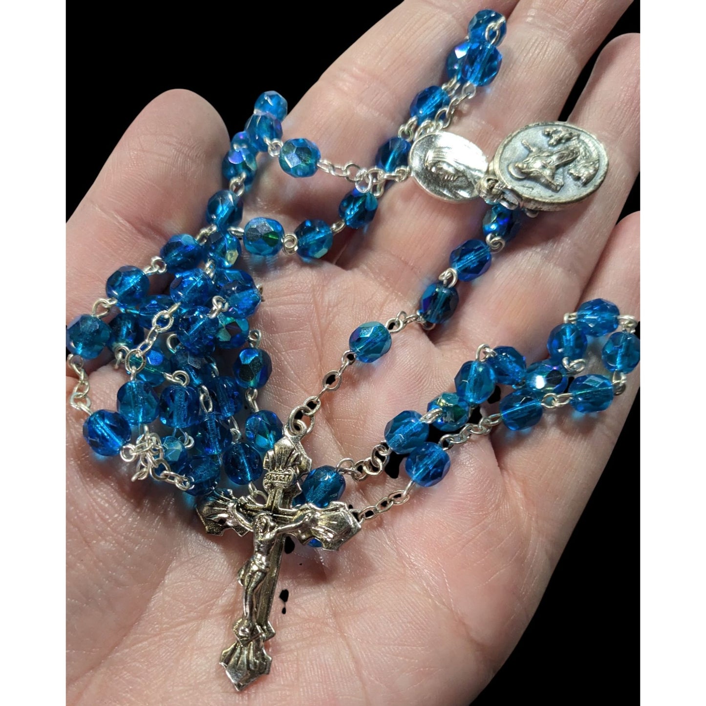 Catholic Blue Crystal Glass Beaded Rosary With Silver Crucifix & Virgin Mary Medals