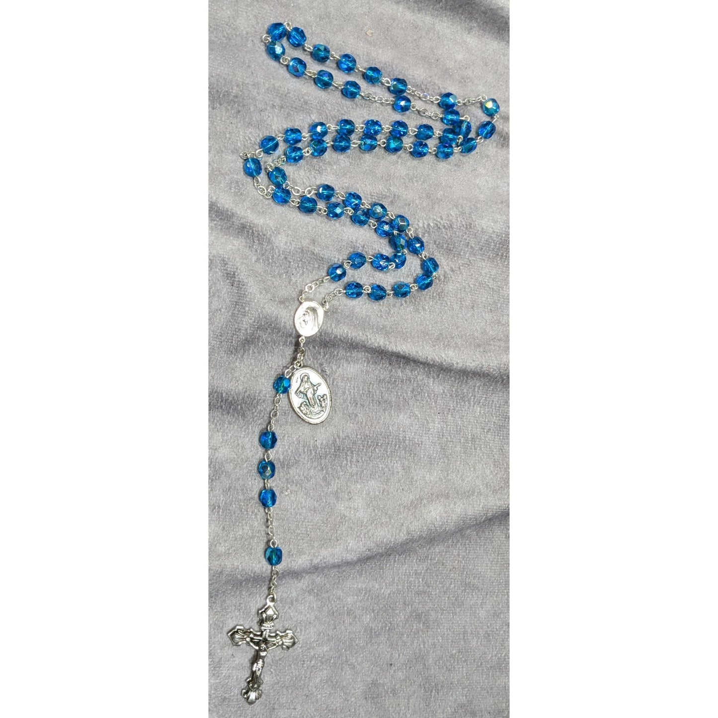 Catholic Blue Crystal Glass Beaded Rosary With Silver Crucifix & Virgin Mary Medals