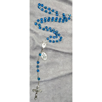 Catholic Blue Crystal Glass Beaded Rosary With Silver Crucifix & Virgin Mary Medals