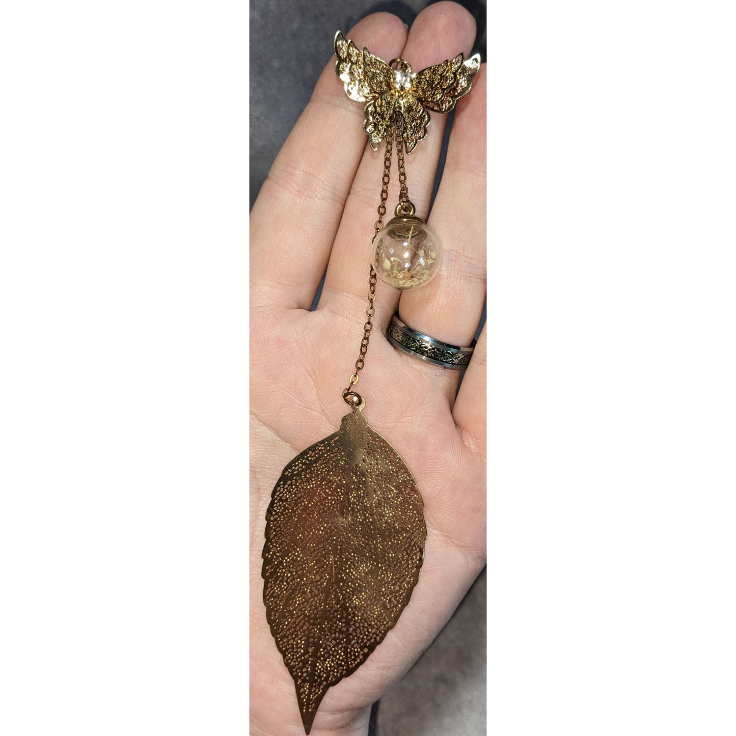 Fairycore Butterfly Dried Flower Leaf Charm Bookmark Gold Tone