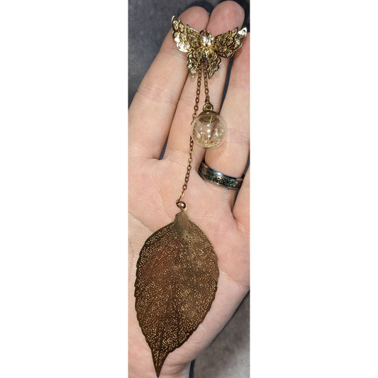 Fairycore Butterfly Dried Flower Leaf Charm Bookmark Gold Tone