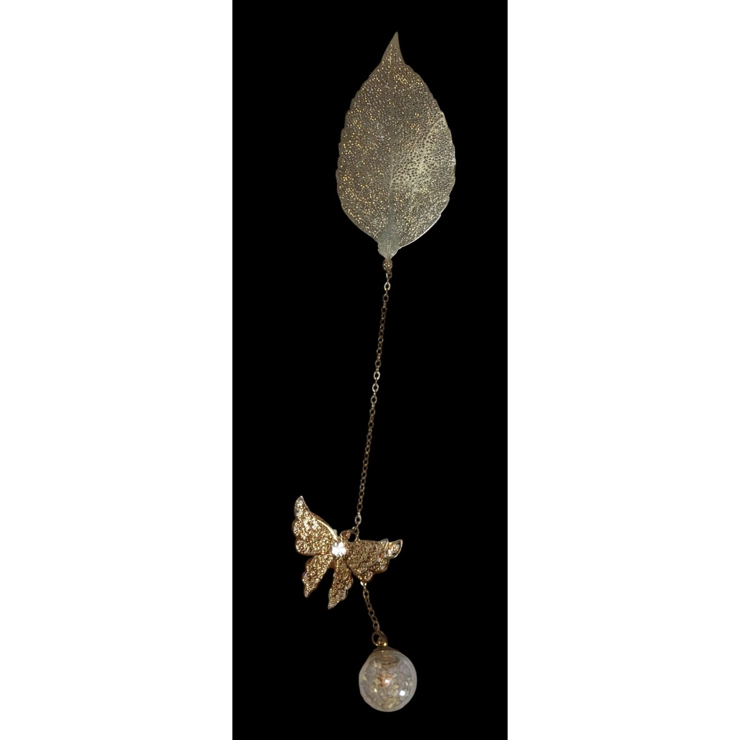 Fairycore Butterfly Dried Flower Leaf Charm Bookmark Gold Tone
