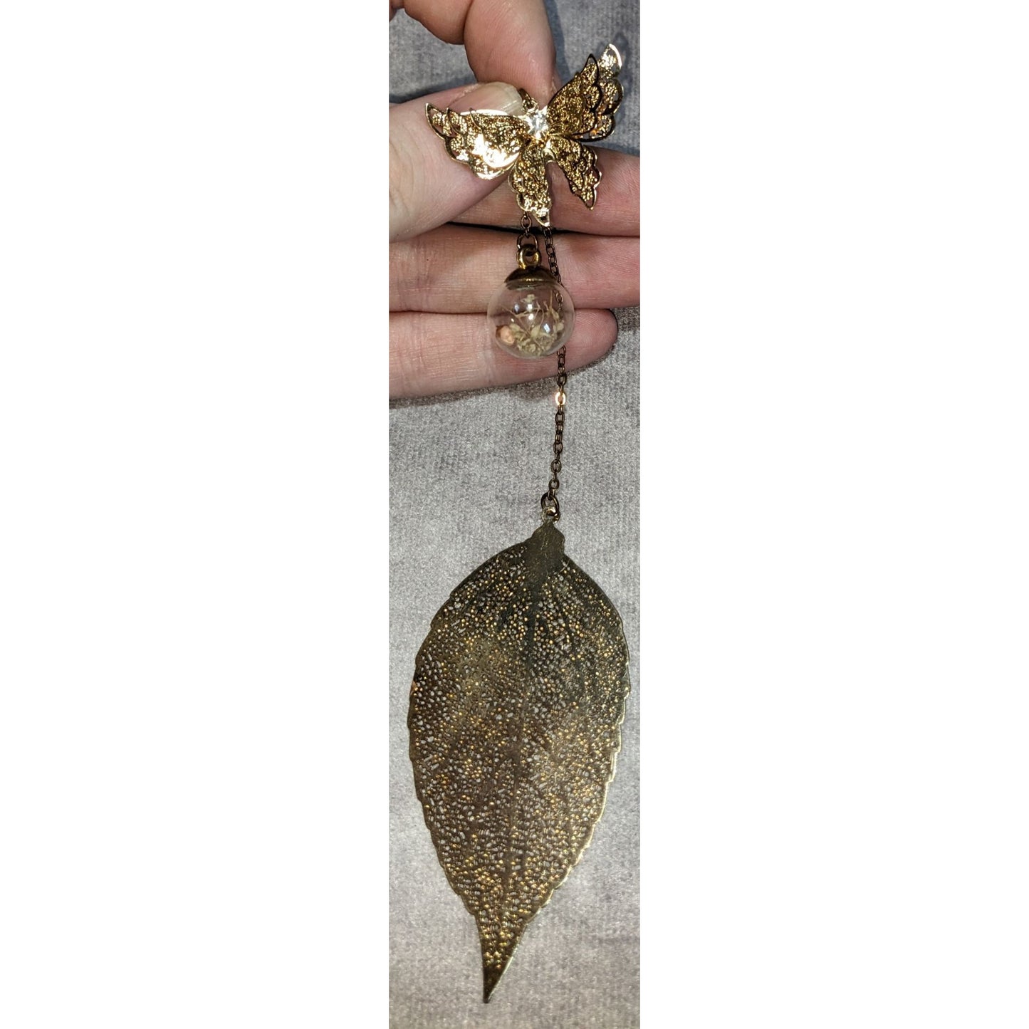 Fairycore Butterfly Dried Flower Leaf Charm Bookmark Gold Tone