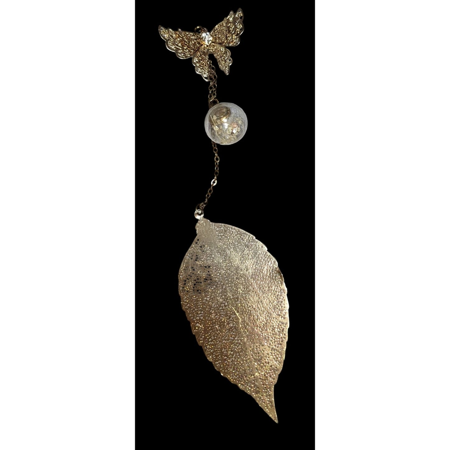 Fairycore Butterfly Dried Flower Leaf Charm Bookmark Gold Tone