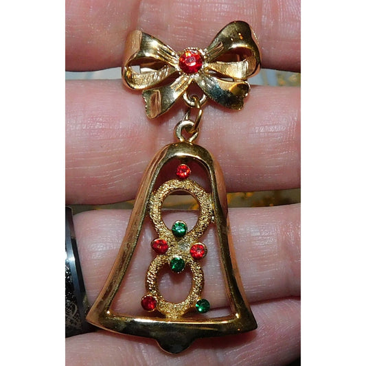Vintage Holiday Bell Brooch Gold Tone With Red And Green Rhinestones