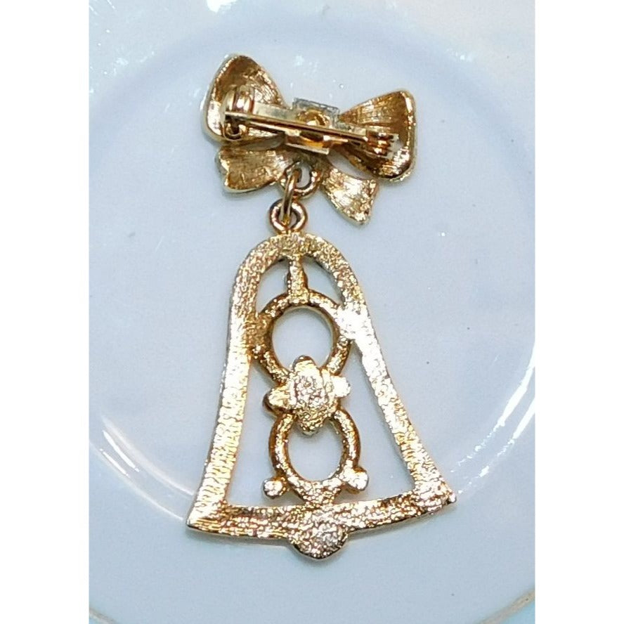 Vintage Holiday Bell Brooch Gold Tone With Red And Green Rhinestones