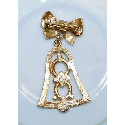 Vintage Holiday Bell Brooch Gold Tone With Red And Green Rhinestones