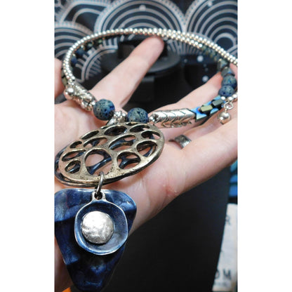 Brutalist Abstract Blue And Silver Tone Volcanic Rock Necklace