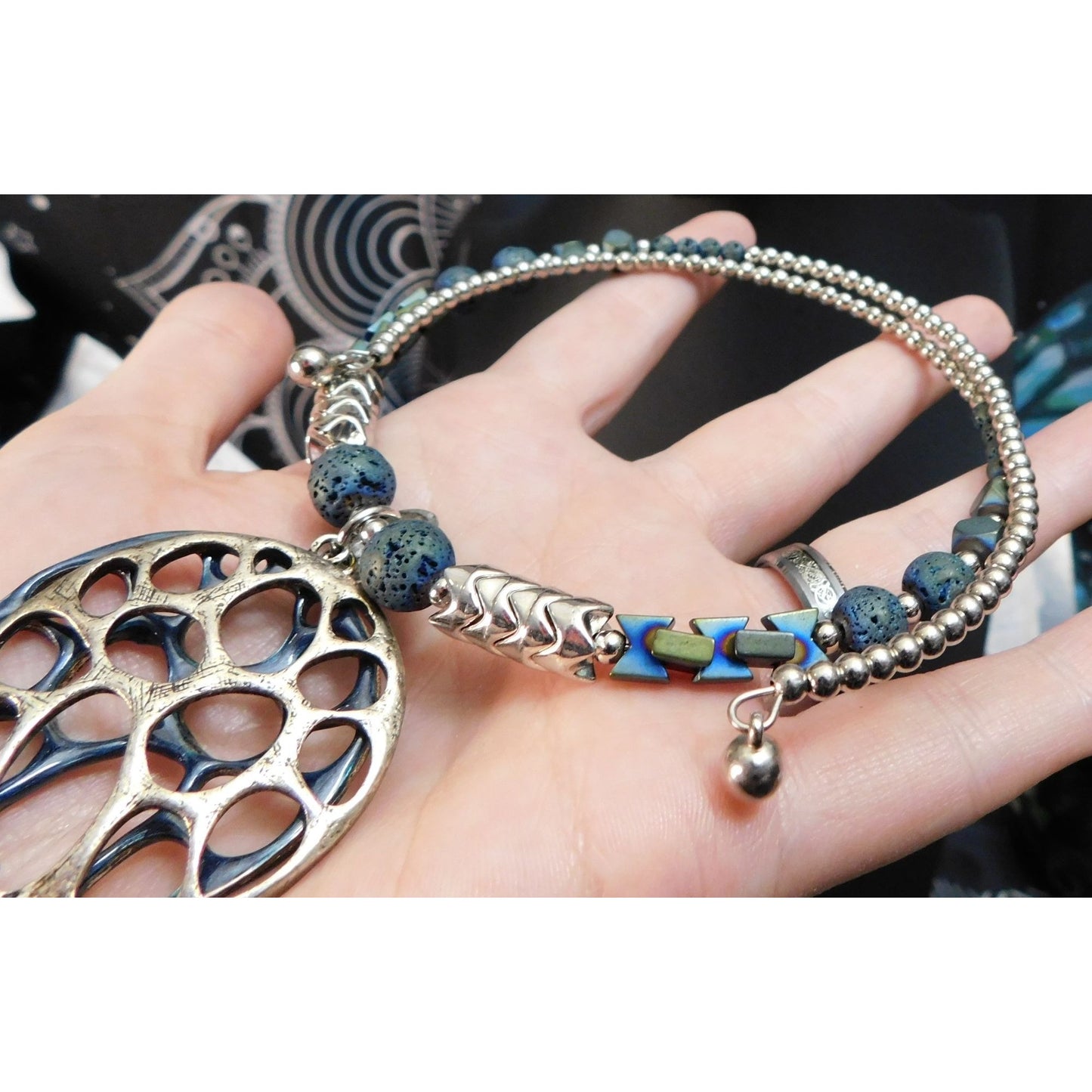 Brutalist Abstract Blue And Silver Tone Volcanic Rock Necklace