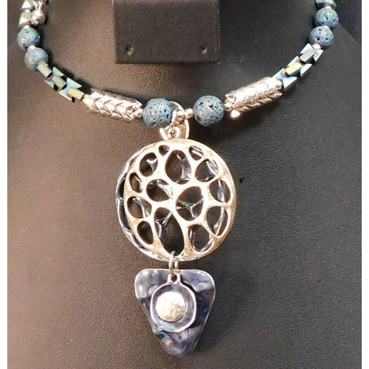 Brutalist Abstract Blue And Silver Tone Volcanic Rock Necklace
