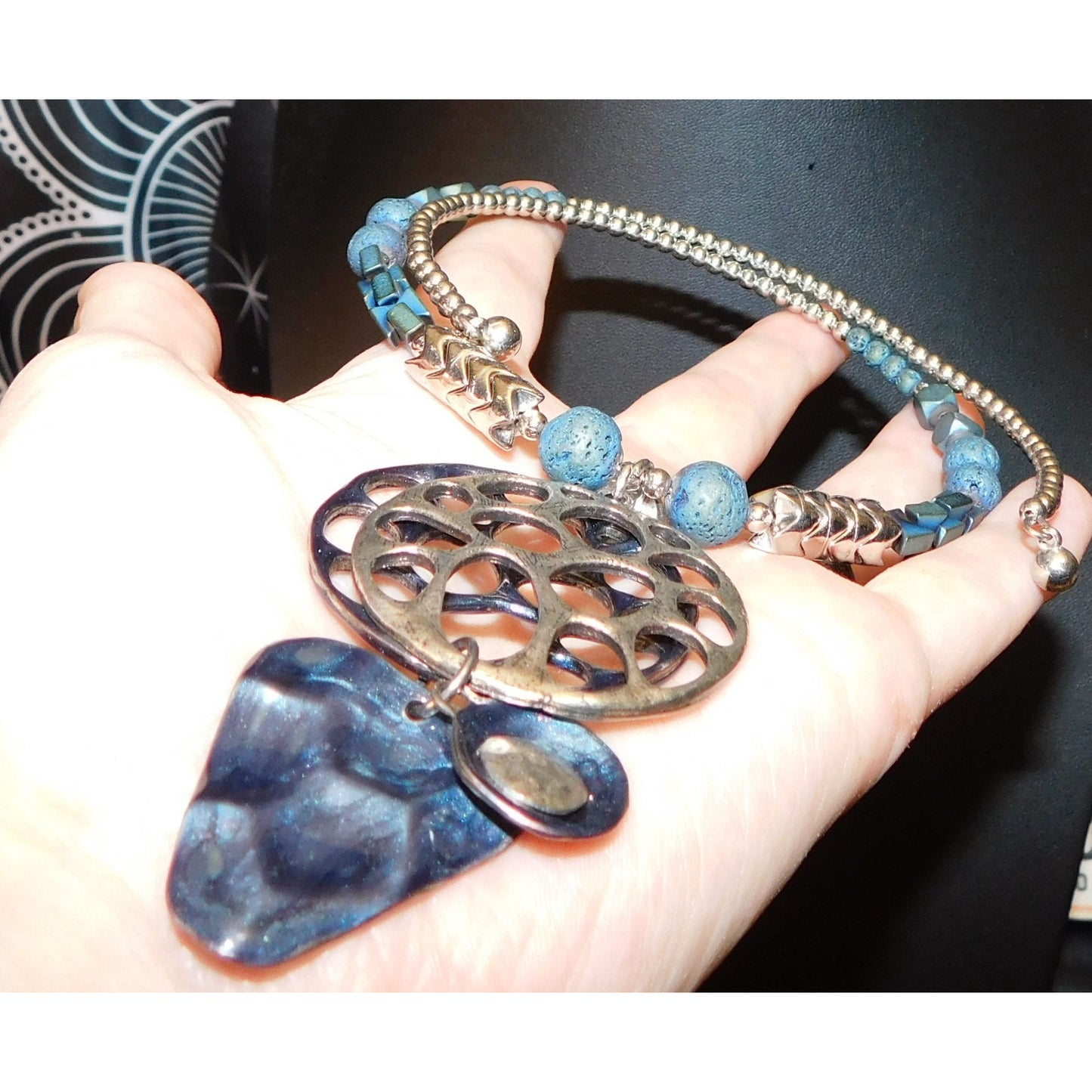 Brutalist Abstract Blue And Silver Tone Volcanic Rock Necklace