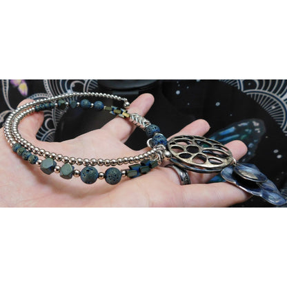 Brutalist Abstract Blue And Silver Tone Volcanic Rock Necklace