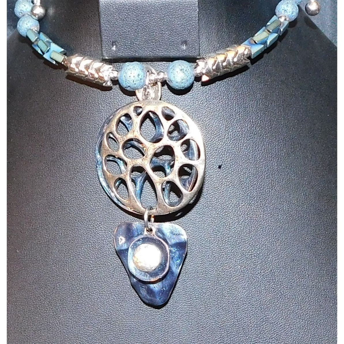 Brutalist Abstract Blue And Silver Tone Volcanic Rock Necklace