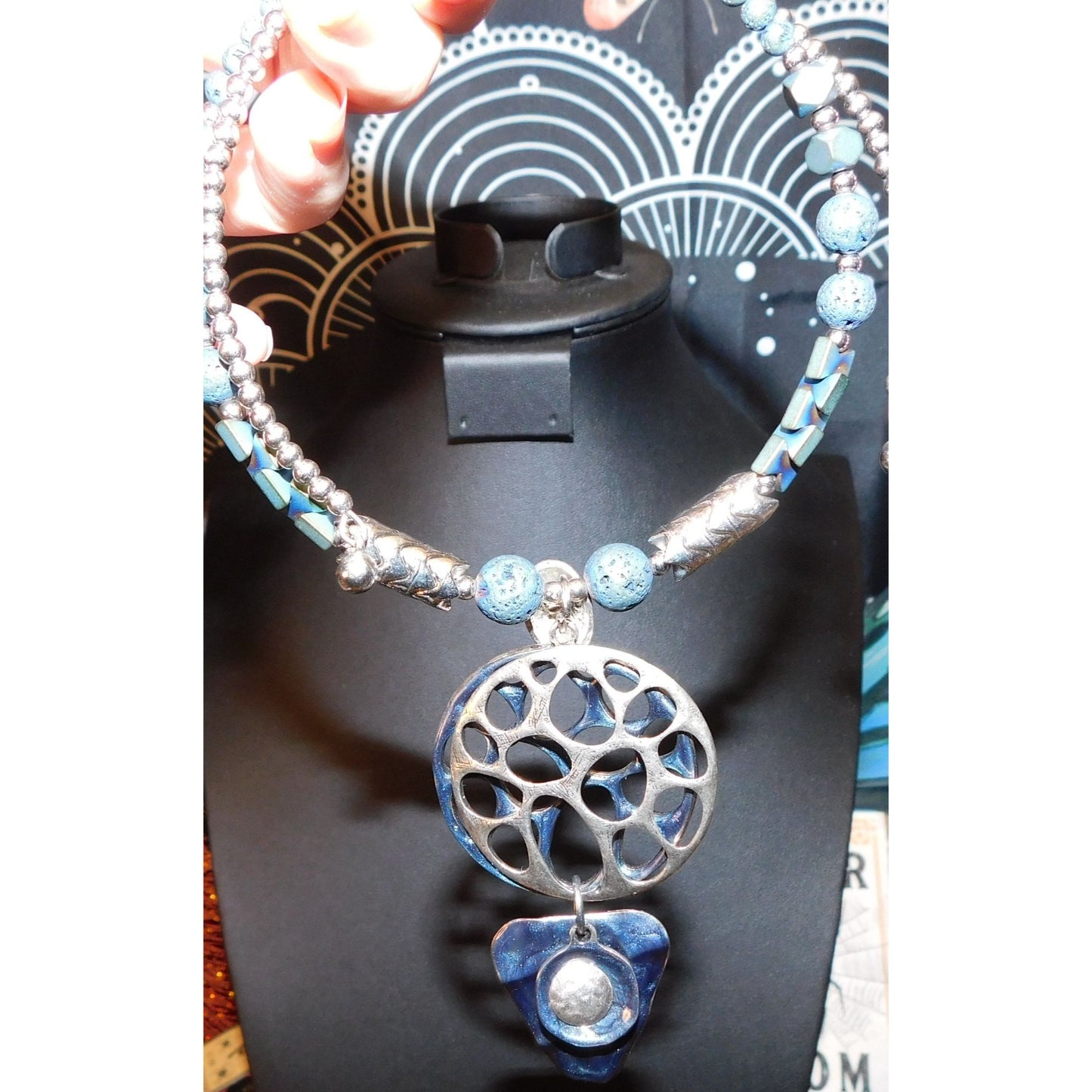 Brutalist Abstract Blue And Silver Tone Volcanic Rock Necklace
