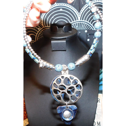 Brutalist Abstract Blue And Silver Tone Volcanic Rock Necklace