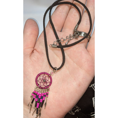 Fairycore Witchy Boho Pink Dreamcatcher Choker Necklace Beaded Fringe Festival Pendant