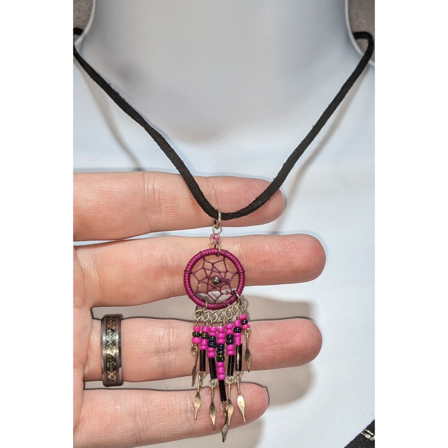 Fairycore Witchy Boho Pink Dreamcatcher Choker Necklace Beaded Fringe Festival Pendant