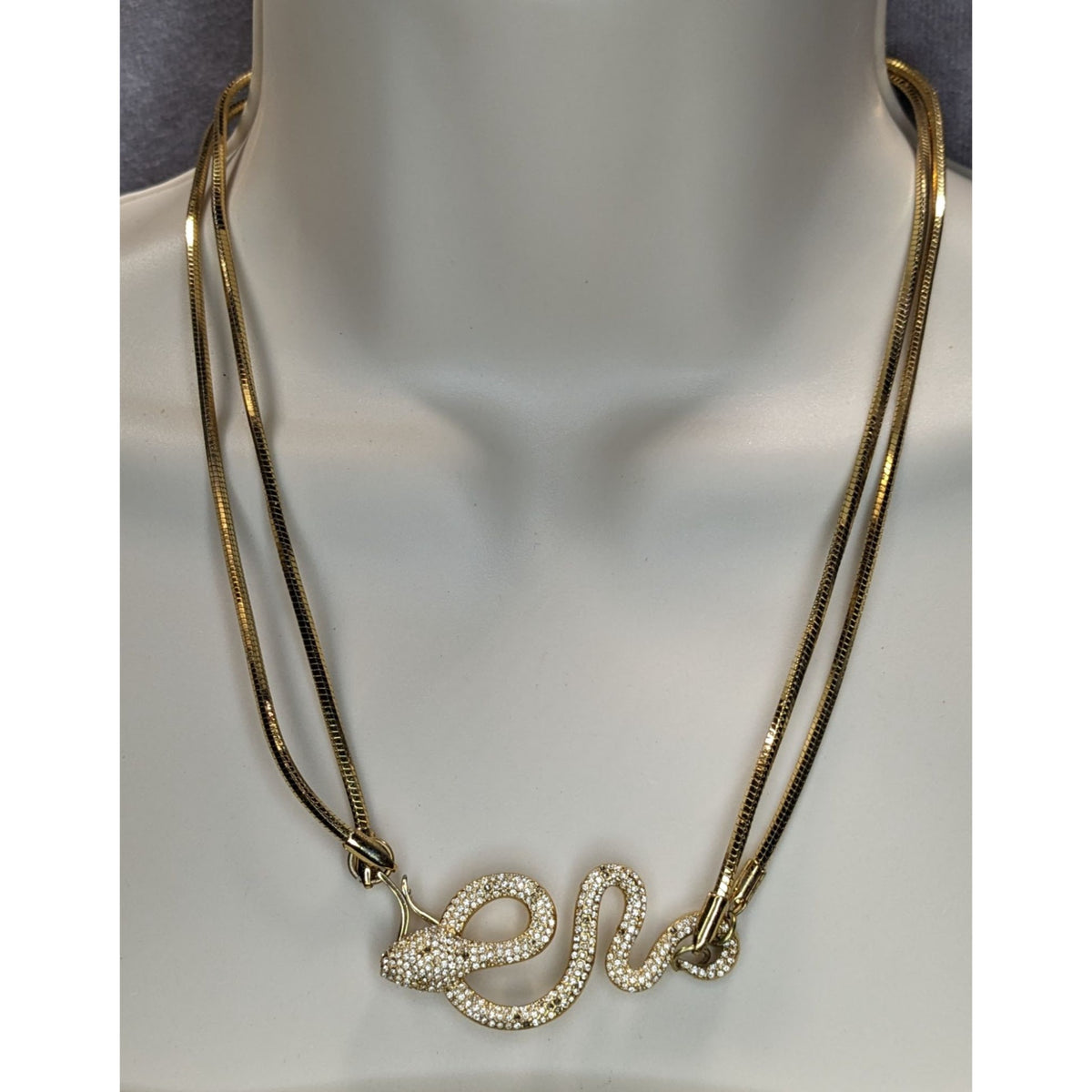 Vince Camuto Signed Gothic Gold Tone Rhinestone Snake Necklace 16 Inch