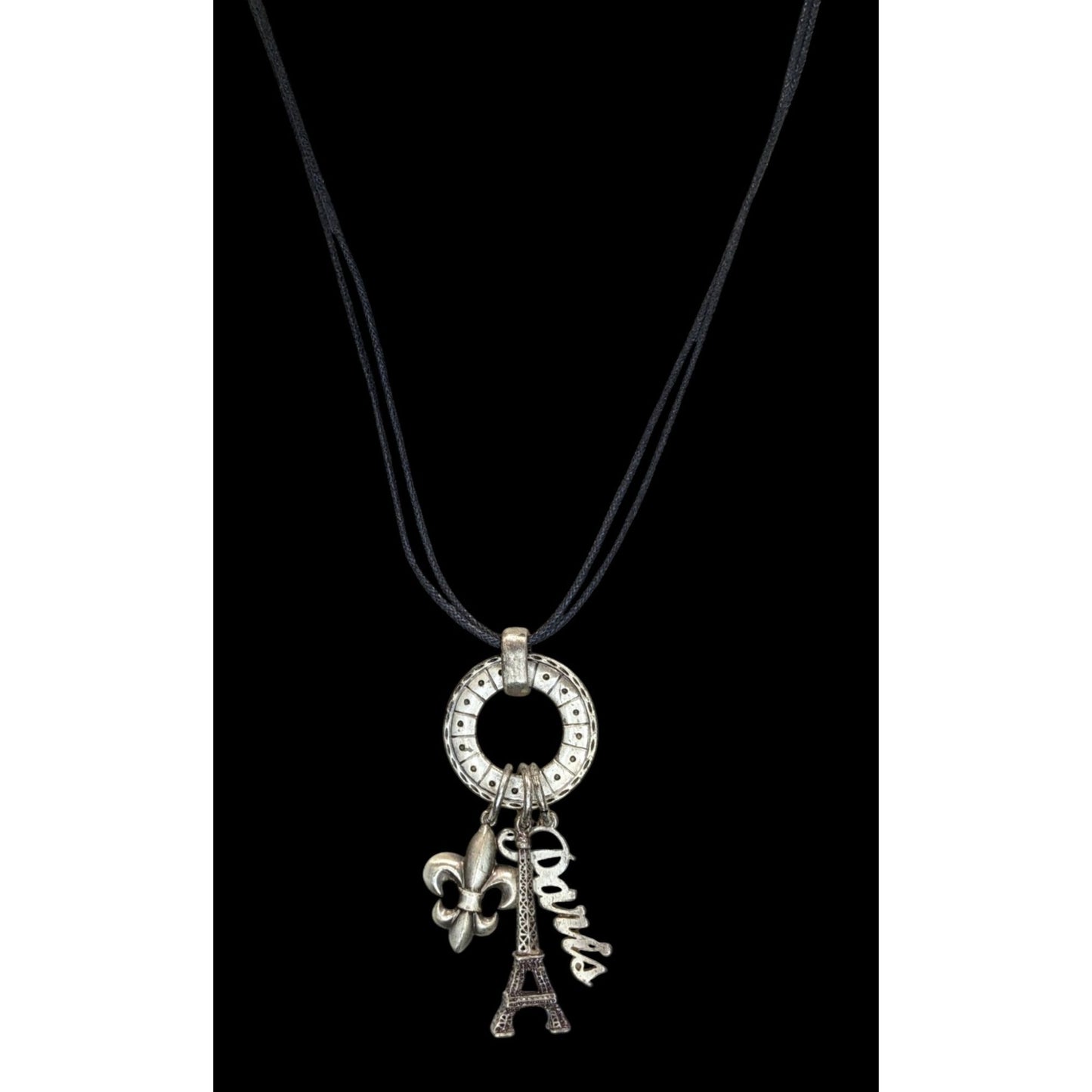 Paris France Charm Necklace Cluster Pendant Black Silver Souvenir Jewelry