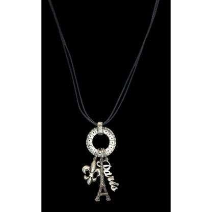 Paris France Charm Necklace Cluster Pendant Black Silver Souvenir Jewelry