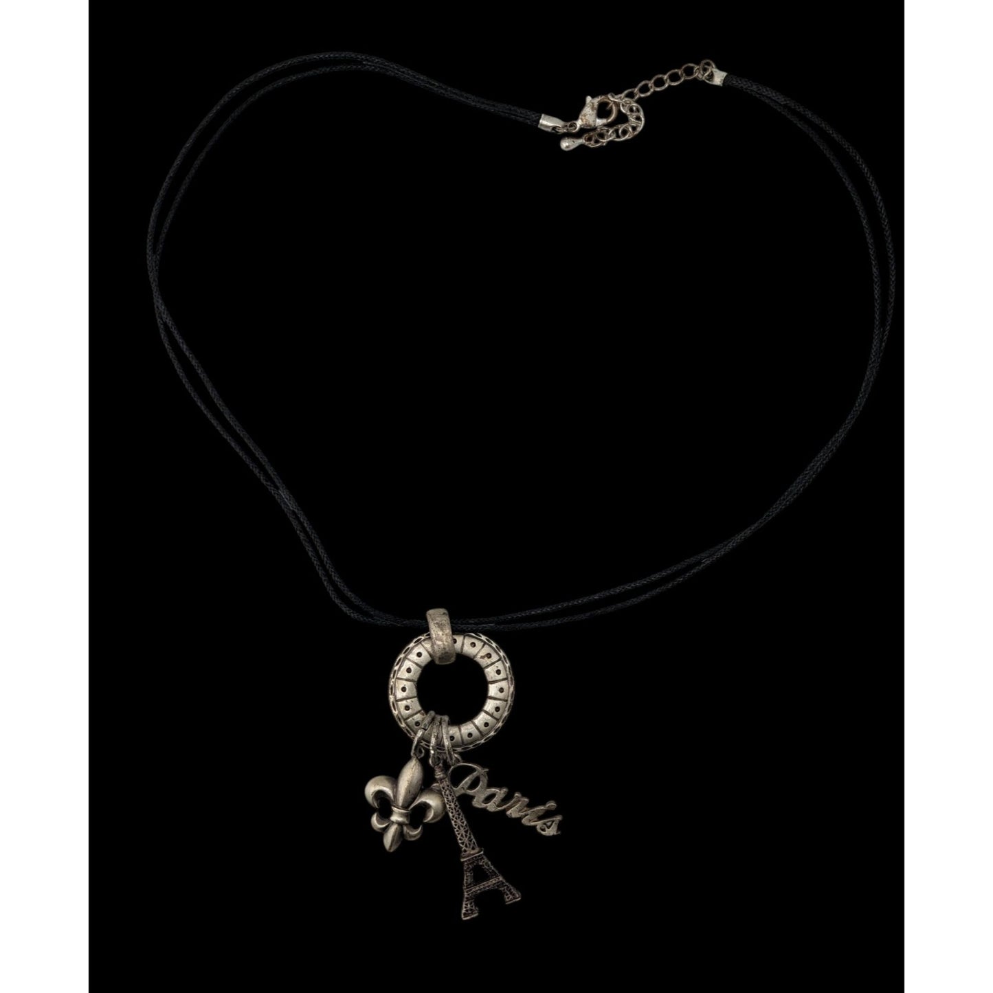 Paris France Charm Necklace Cluster Pendant Black Silver Souvenir Jewelry