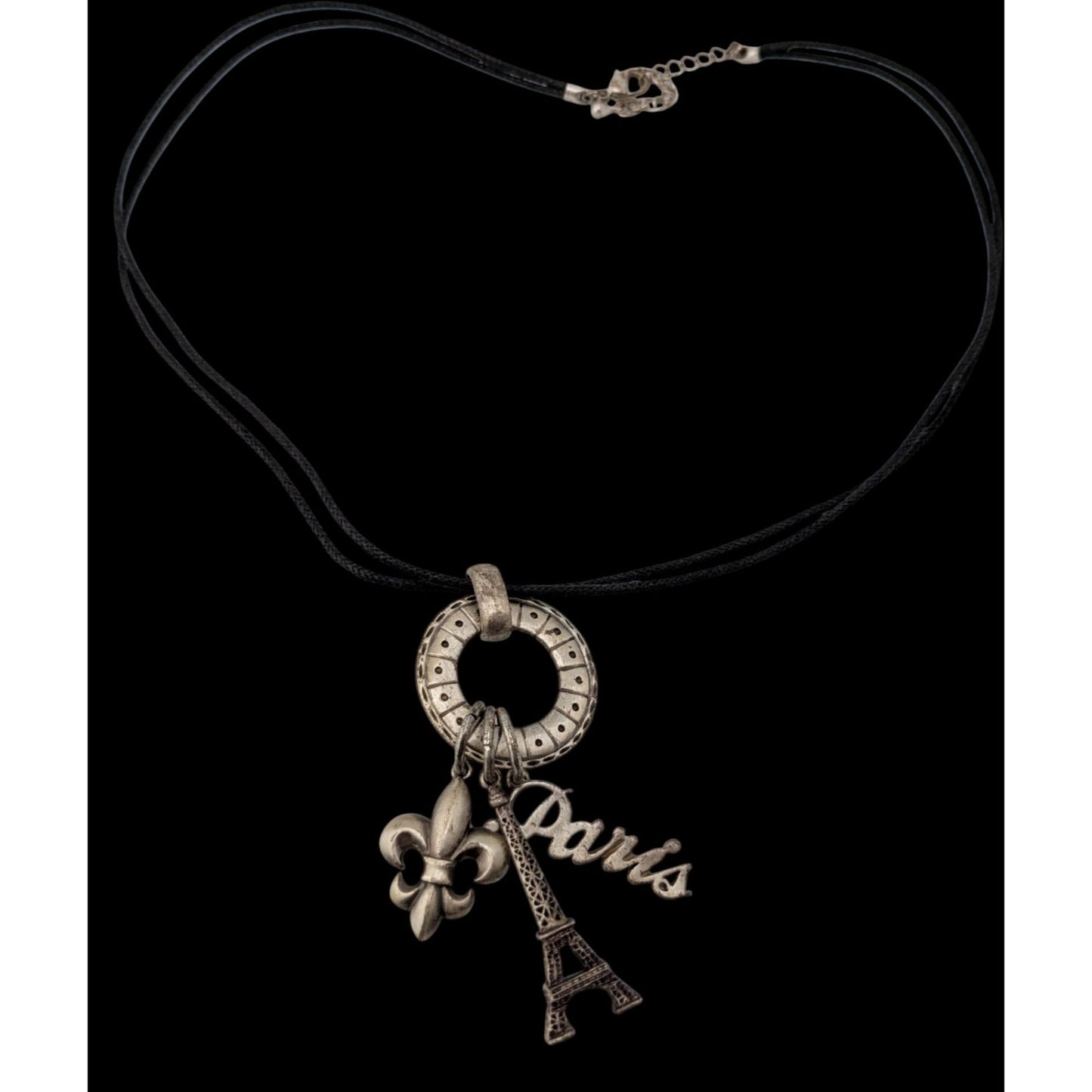 Paris France Charm Necklace Cluster Pendant Black Silver Souvenir Jewelry