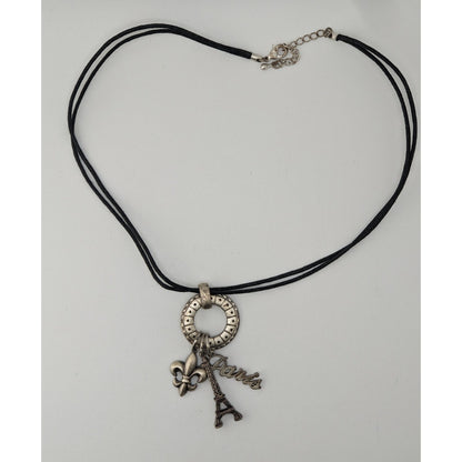 Paris France Charm Necklace Cluster Pendant Black Silver Souvenir Jewelry