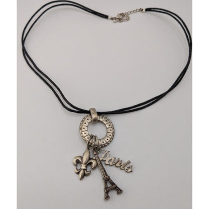 Paris France Charm Necklace Cluster Pendant Black Silver Souvenir Jewelry