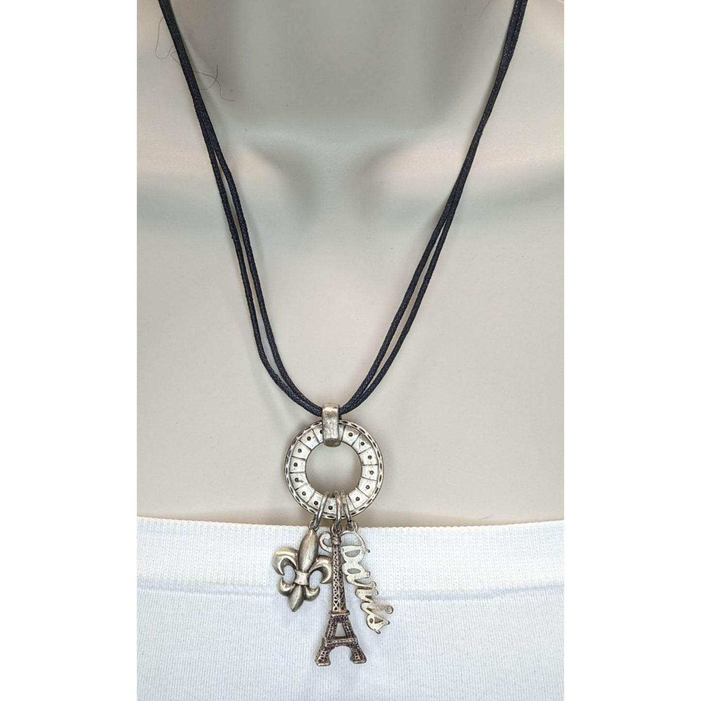 Paris France Charm Necklace Cluster Pendant Black Silver Souvenir Jewelry