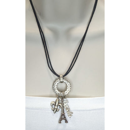 Paris France Charm Necklace Cluster Pendant Black Silver Souvenir Jewelry