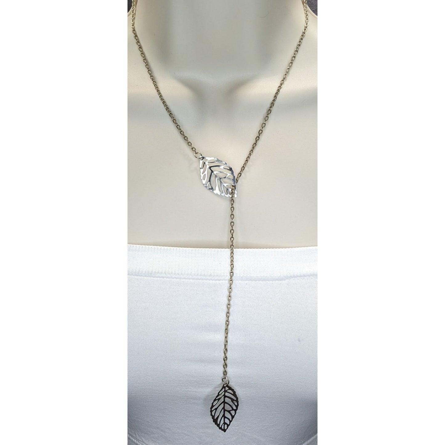 Leaf Charm Lariat Necklace Silver Fairycore Forest Elf Jewelry