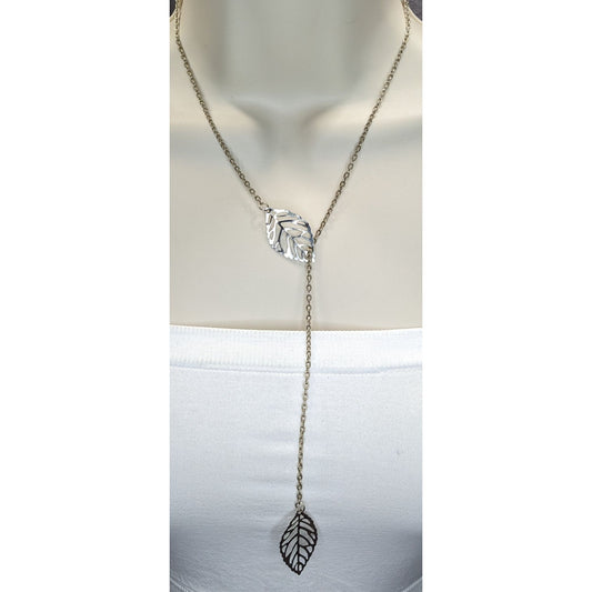 Leaf Charm Lariat Necklace Silver Fairycore Forest Elf Jewelry