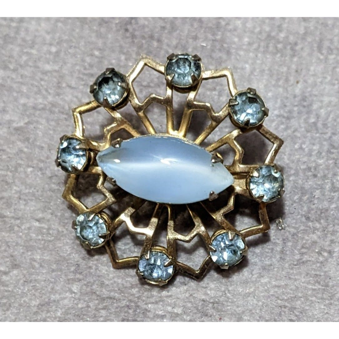 Vintage Blue And Gold Rhinestone Cat Eye Stone Brooch