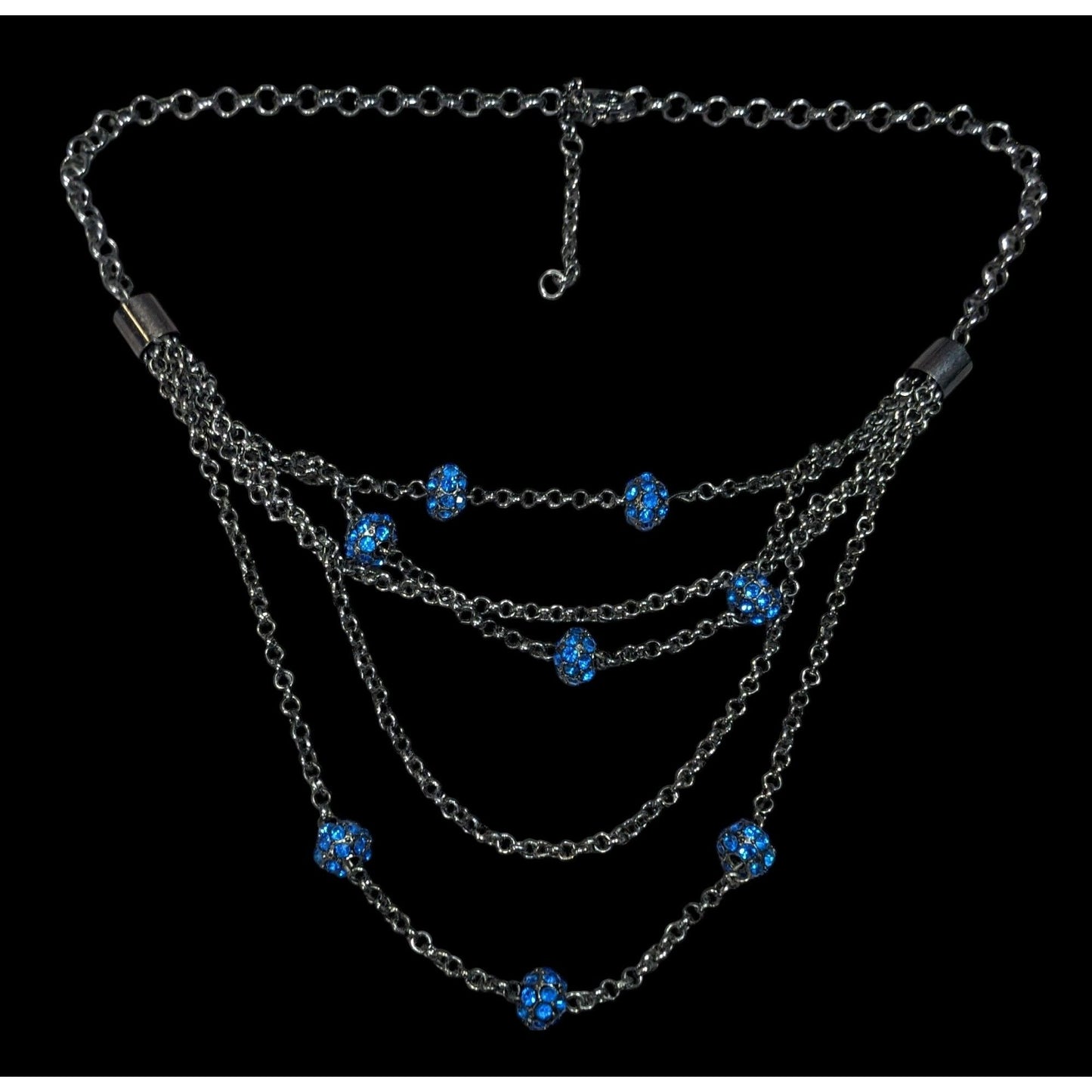 Blue And Gunmetal Tone Multilayer Chain And Rhinestone Beaded Necklace