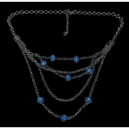 Blue And Gunmetal Tone Multilayer Chain And Rhinestone Beaded Necklace