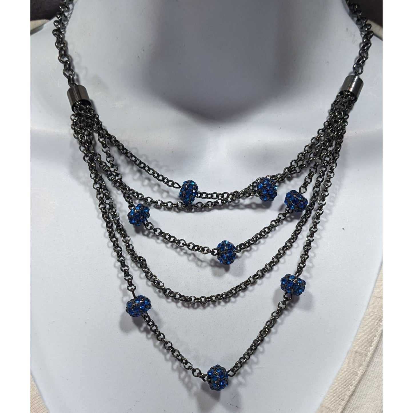 Blue And Gunmetal Tone Multilayer Chain And Rhinestone Beaded Necklace