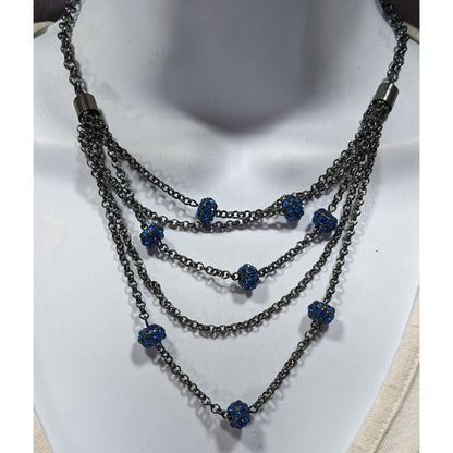 Blue And Gunmetal Tone Multilayer Chain And Rhinestone Beaded Necklace