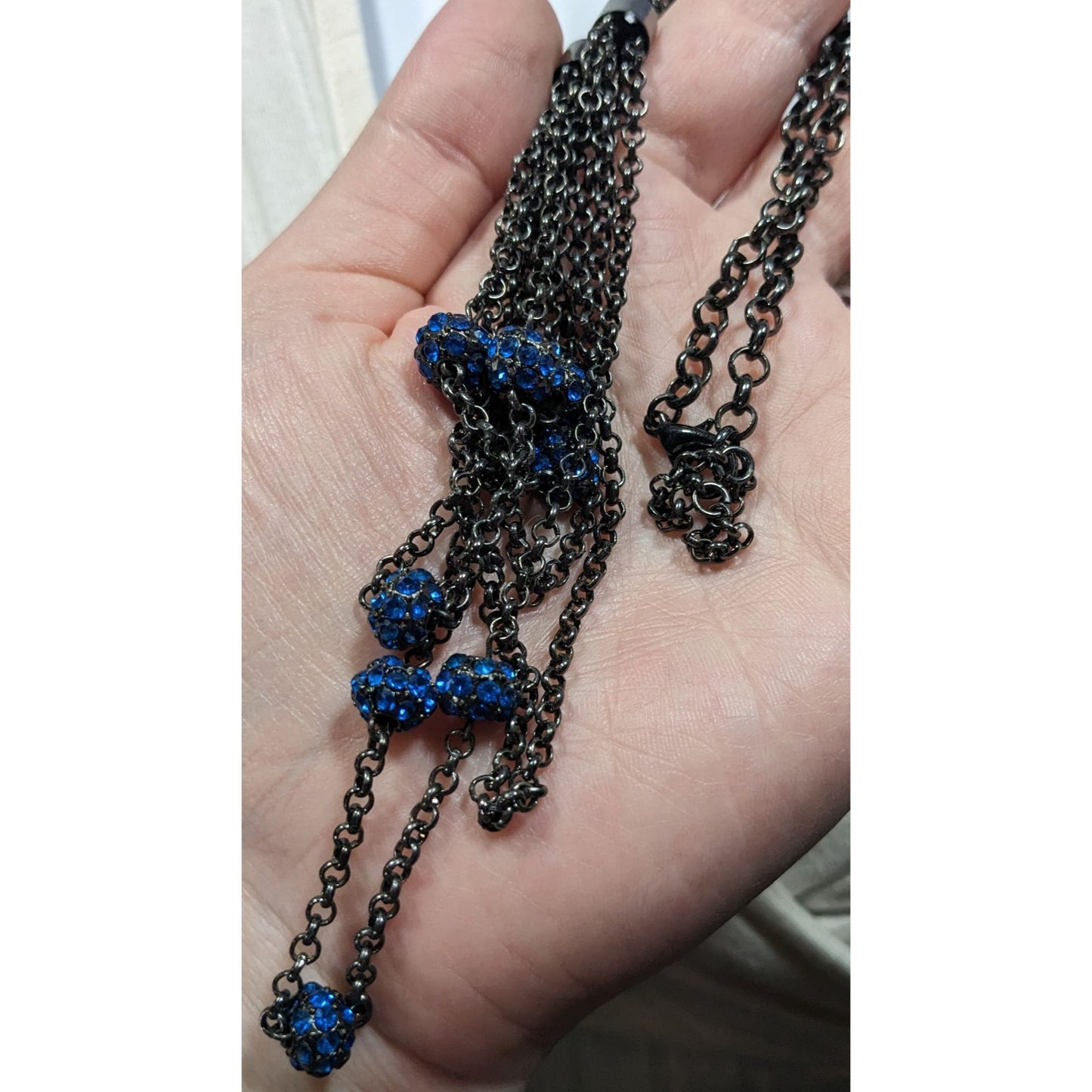 Blue And Gunmetal Tone Multilayer Chain And Rhinestone Beaded Necklace