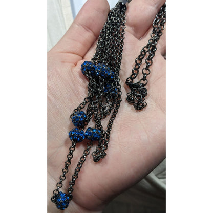Blue And Gunmetal Tone Multilayer Chain And Rhinestone Beaded Necklace