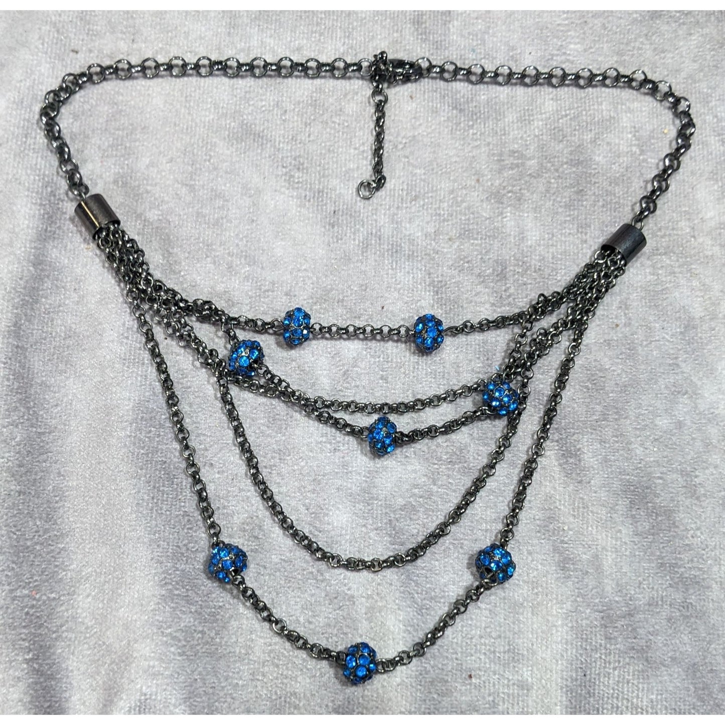 Blue And Gunmetal Tone Multilayer Chain And Rhinestone Beaded Necklace