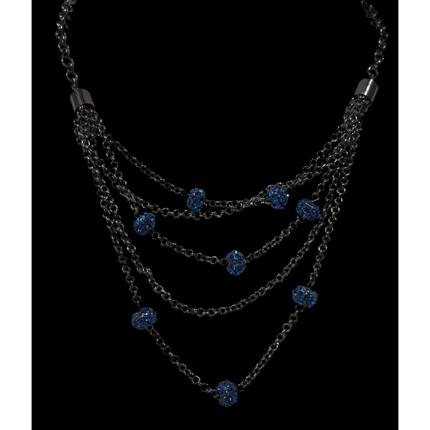 Blue And Gunmetal Tone Multilayer Chain And Rhinestone Beaded Necklace