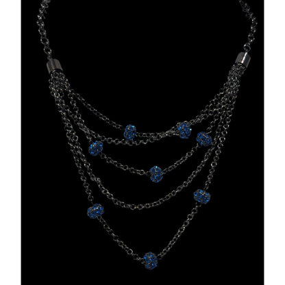 Blue And Gunmetal Tone Multilayer Chain And Rhinestone Beaded Necklace